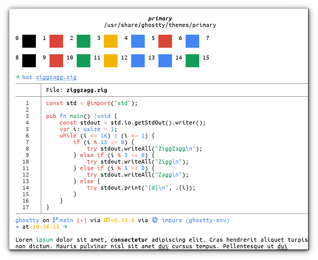 A screenshot of Ghostty with Primary light theme. The theme is dsiplayed in the theme preview section of Ghostty.