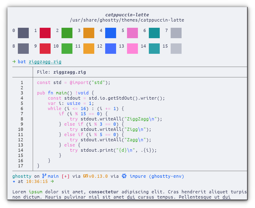A screenshot of Ghostty with Catppuccin Latte. The theme is dsiplayed in the theme preview section of Ghostty.