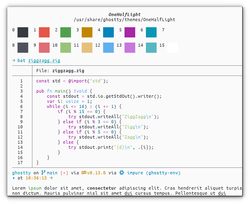 A screenshot of Ghostty with OneHalfLight. The theme is dsiplayed in the theme preview section of Ghostty.