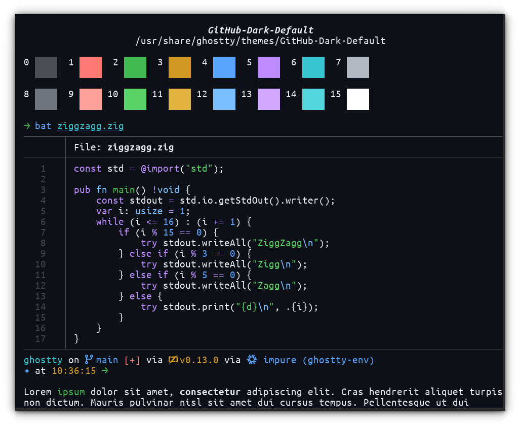 A screenshot of Ghostty with GitHub Dark Default. The theme is dsiplayed in the theme preview section of Ghostty.
