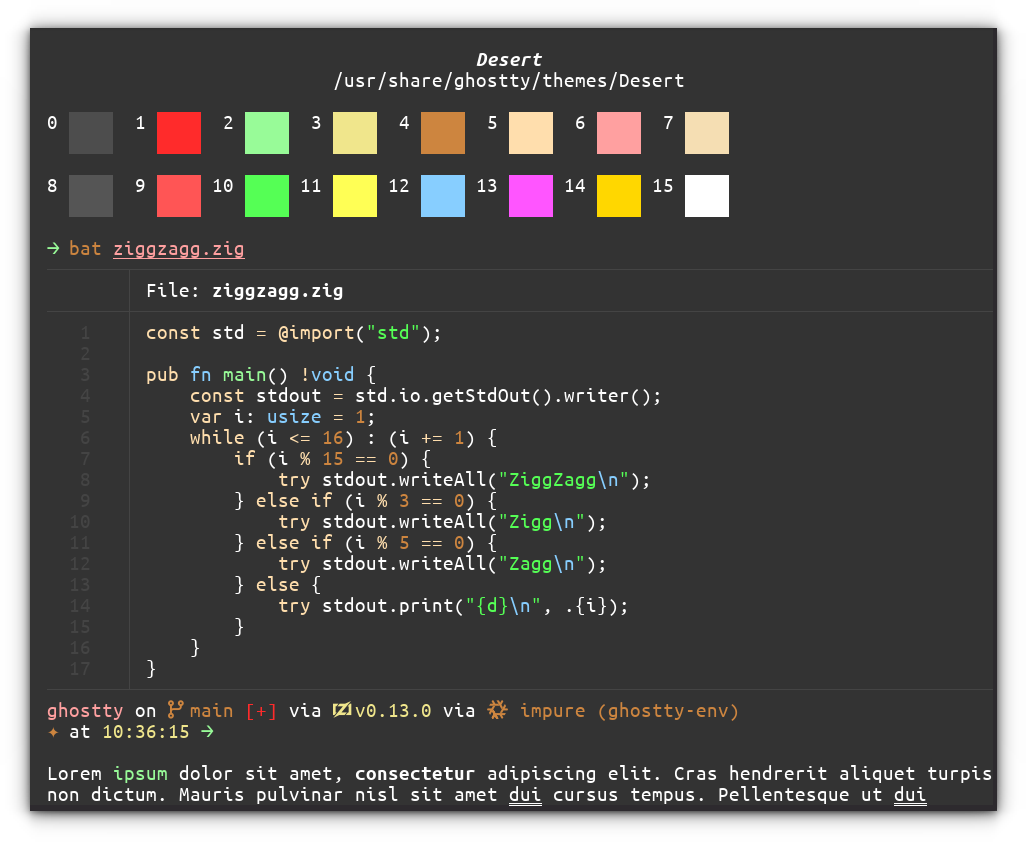 A screenshot of Ghostty with Desert theme. The theme is dsiplayed in the theme preview section of Ghostty.