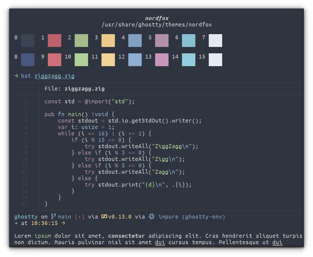 A screenshot of Ghostty with Nordfox. The theme is dsiplayed in the theme preview section of Ghostty.