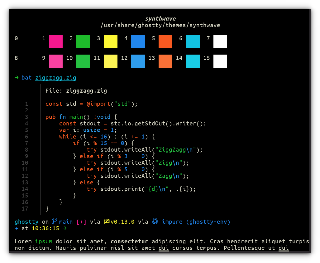 A screenshot of Ghostty with Synthwave theme. The theme is dsiplayed in the theme preview section of Ghostty.