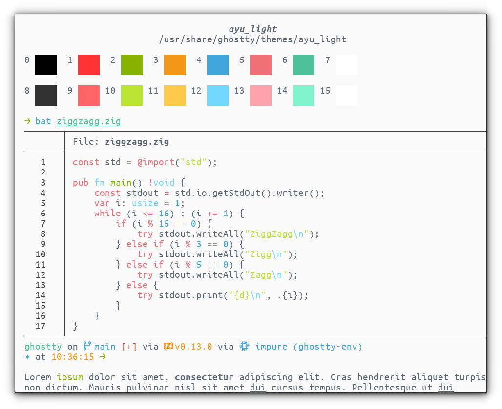 A screenshot of Ghostty with ayu light. The theme is dsiplayed in the theme preview section of Ghostty.