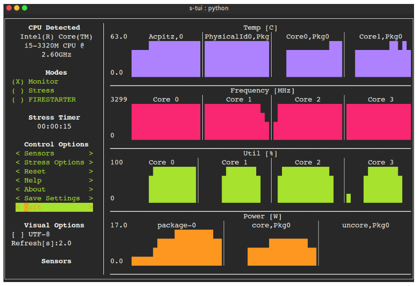 s-tui - Terminal-based CPU Stress and Monitoring Utility