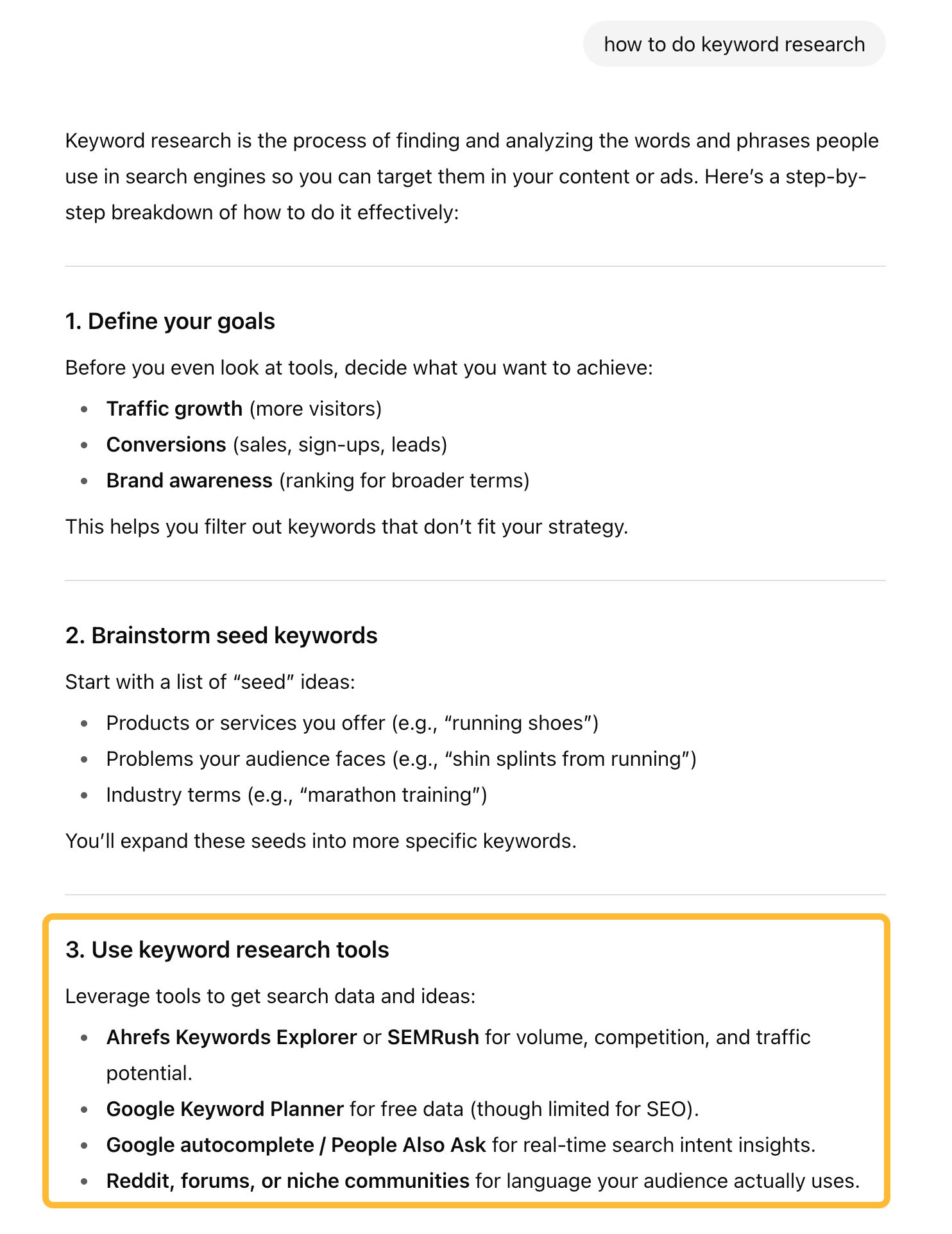 A screenshot of an online guide on "how to do keyword research." The third step, "Use keyword research tools," is highlighted and lists examples such as Ahrefs Keywords Explorer, SEMRush, and Google Keyword Planner.