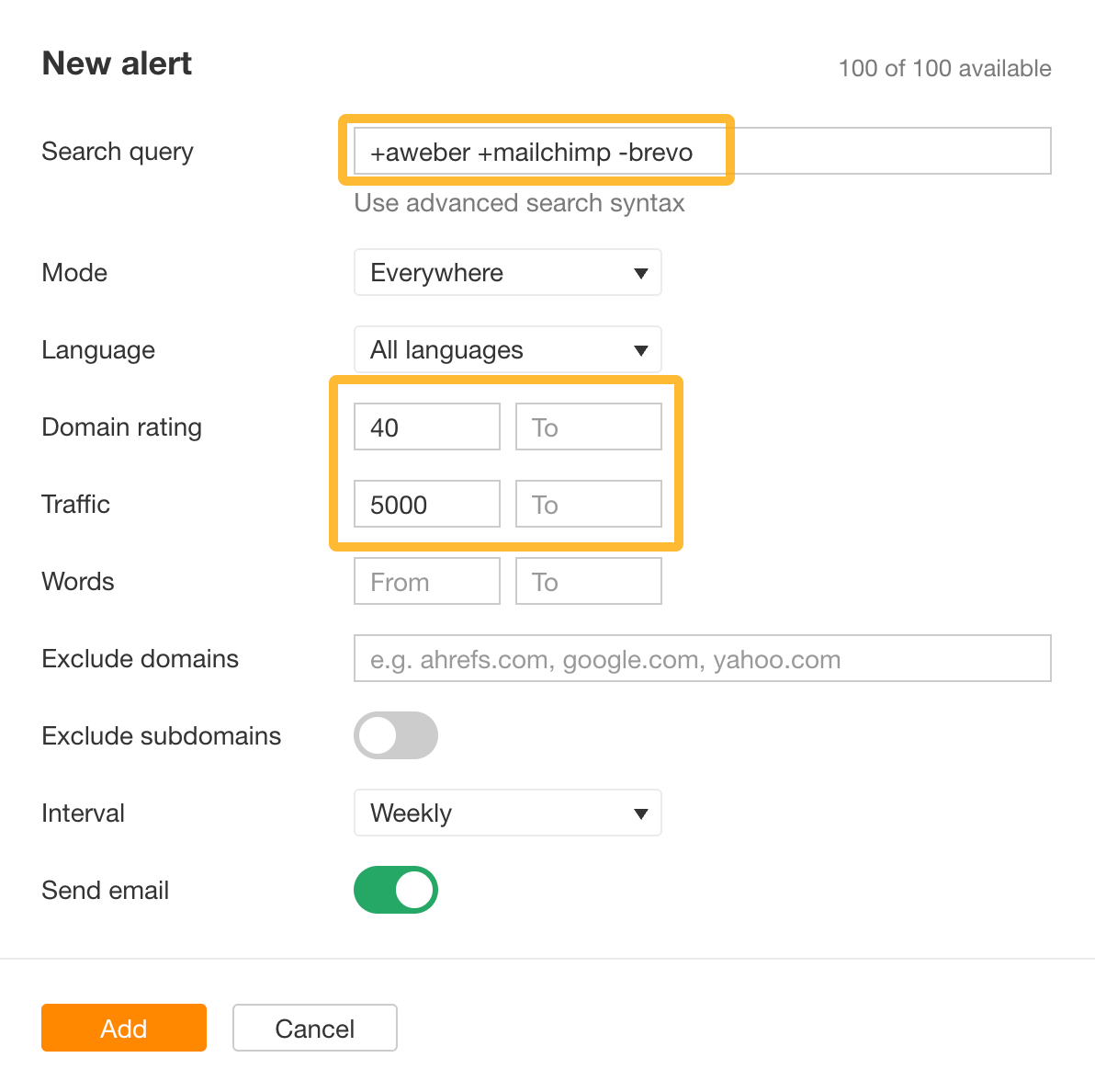 A screenshot of the Ahrefs alert creation tool. The alert is being configured to send a notification when new web content from a high-authority site mentions competitors like Aweber and Mailchimp but excludes the user's brand.