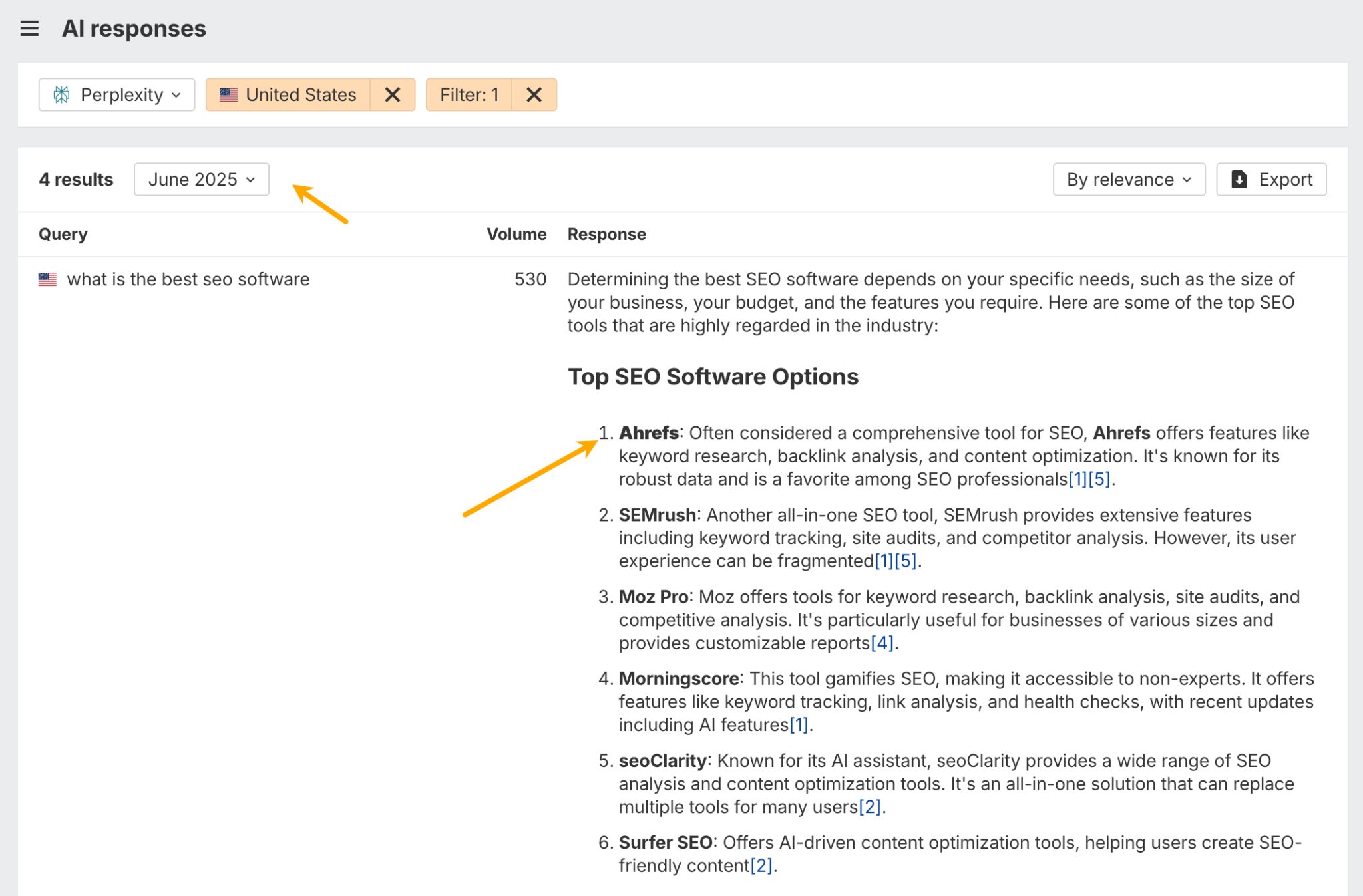  A screenshot from the Ahrefs Brand Radar tool displaying an AI response from June 2025 to the query "what is the best seo software," where Ahrefs is listed as the number one recommendation.