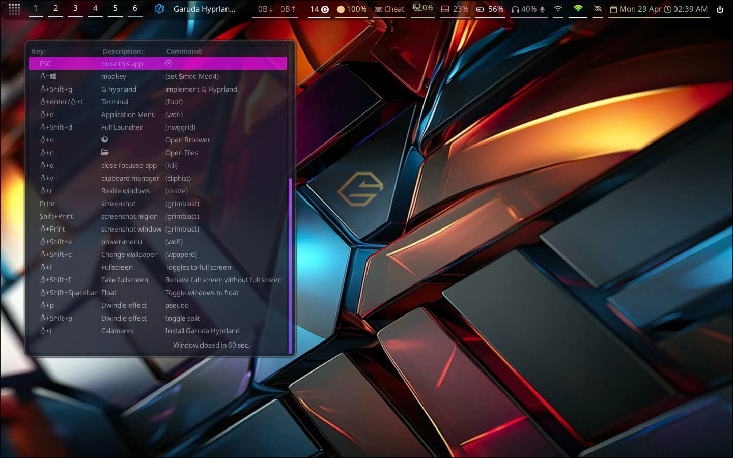 a hyprland desktop is shown on garuda linux with the keyboard shortcuts being shown on the left