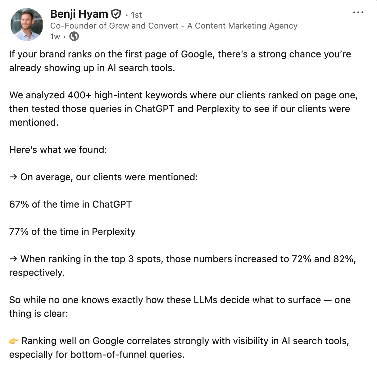 Benji Hyam saying that on average, their clients were mentioned 67% of the time in ChatGPT and 77% of the time in Perplexity.