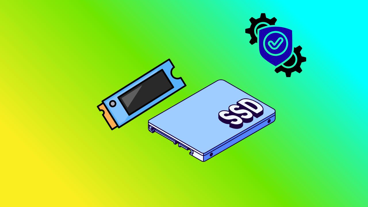 a nvme and sata ssd are seen floating in the middle, and there is a blue colored tickmark inside a shield surrounded by two black colored gears on the top right