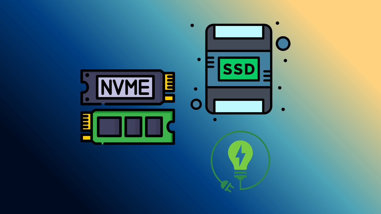 nvme ssd back and front view on left, a sata ssd surrounded by blue dots on the right, there is also a green logo with a lightbulb and wire depicting power efficiency in the lower part of the image