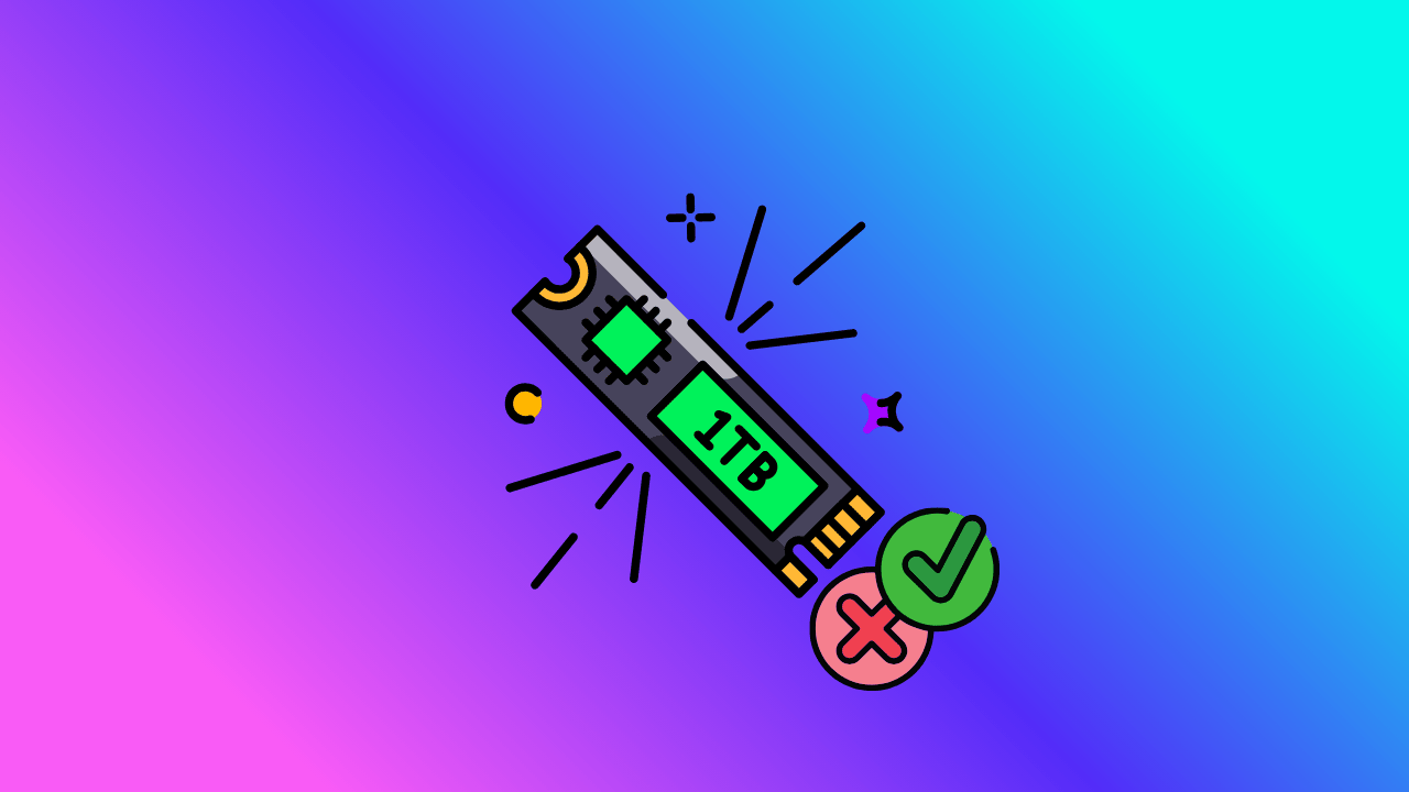 a 1tb nvme ssd is seen floating near a green check mark and a red cross mark