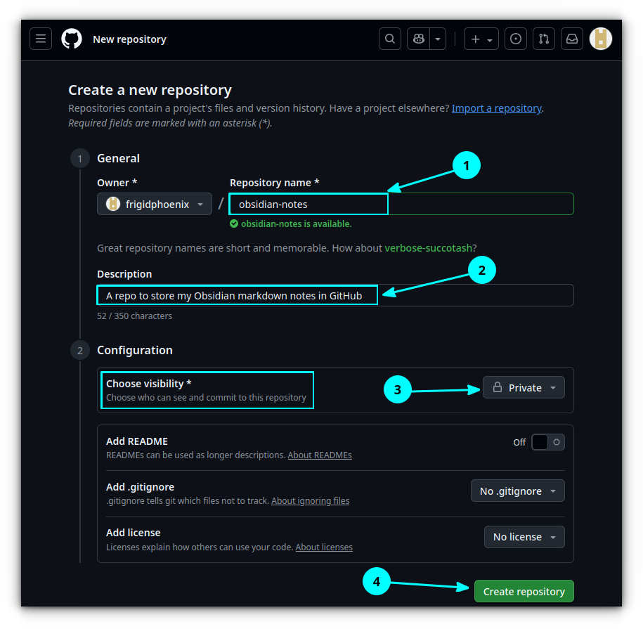Create a new private repository in GitHub by providing the necessary details in the repo creation page.
