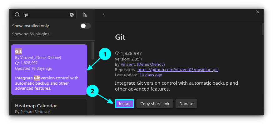 Search and install git plugin in Obsidian.