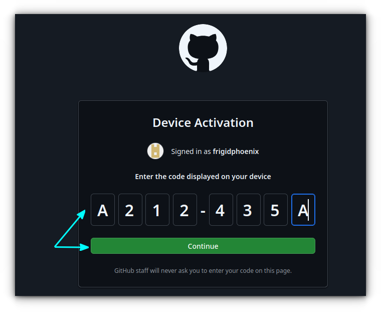 Enter the one time code displayed on the terminal to the field prompted.