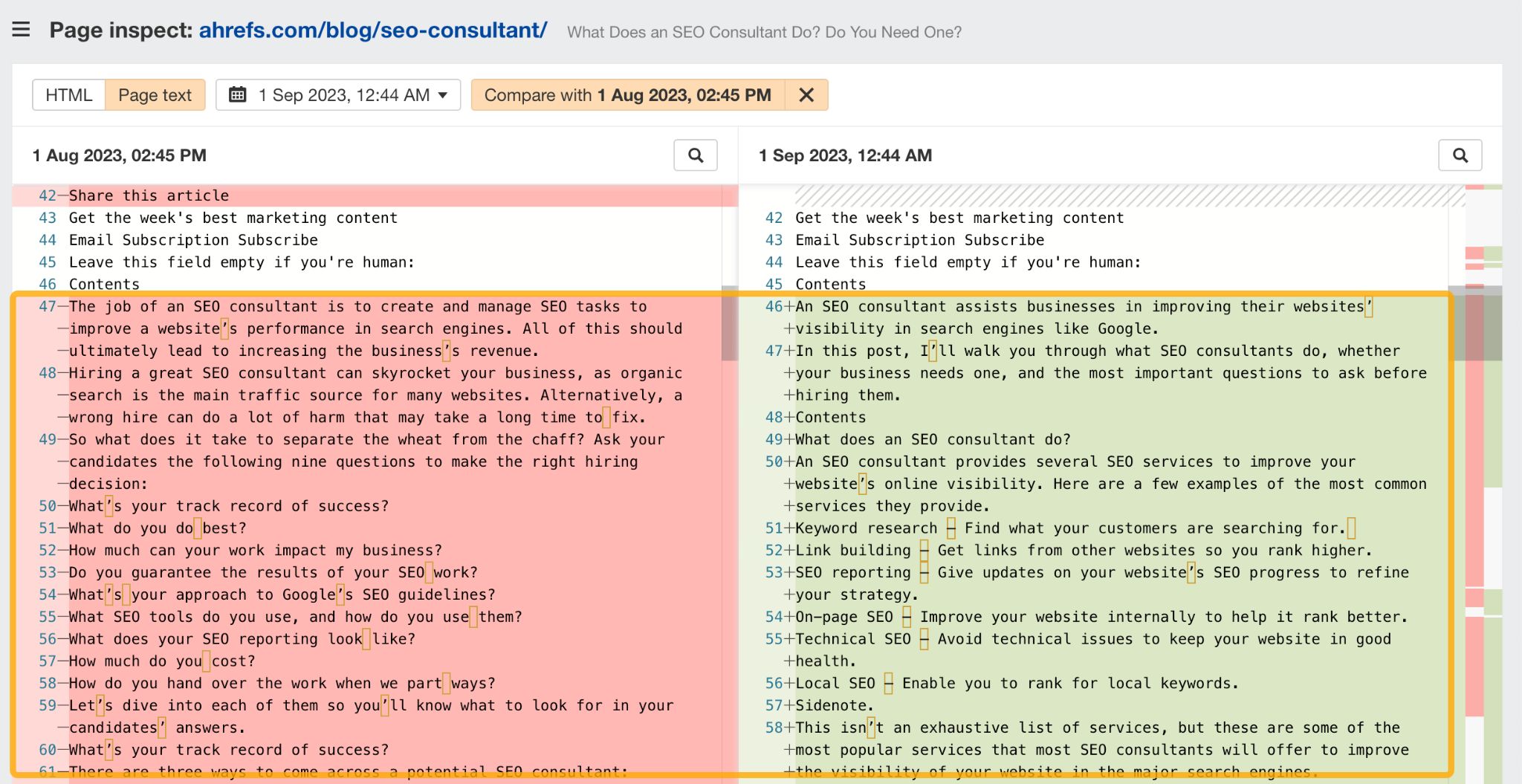 Ahrefs' Page Inspect tool showing changes in web content.