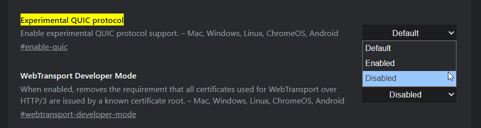 Disabling experimental settings in Chrome to fix the ERR_SSL_PROTOCOL_ERROR