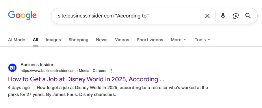 A Google "site:" search for business insider and the words "According to" showing one returning example search result