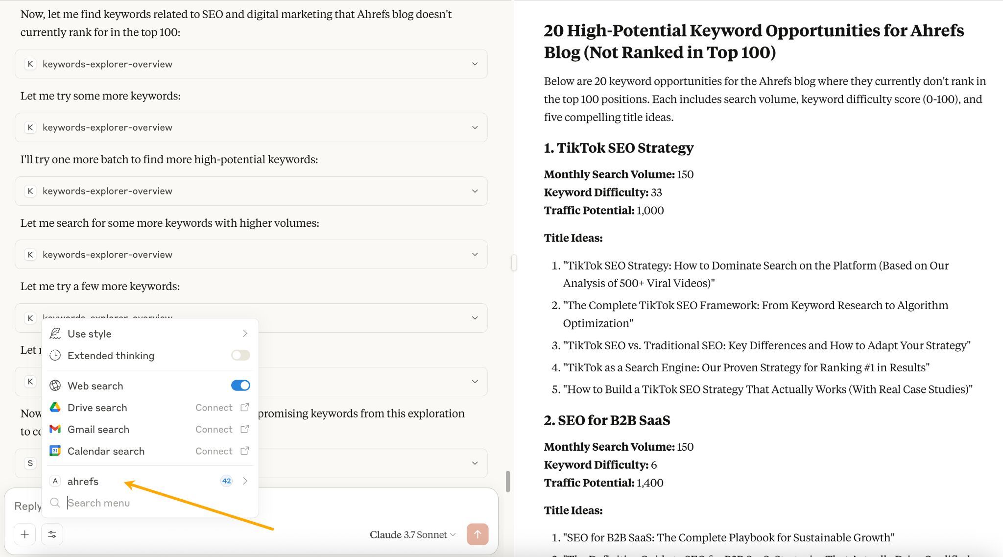 Screenshot of Claude's Model Context Protocol (MCP) in action, using Ahrefs data to find 20 High-Potential Keyword Opportunities for Ahrefs Blog.