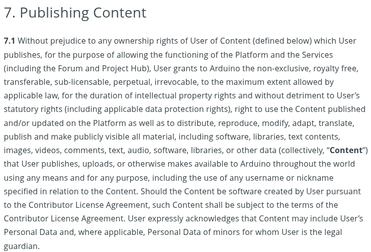 this screenshot shows section 7.1 of the newly updated arduino terms and conditions, there is a wall of text here that a screen reader should be able to read
