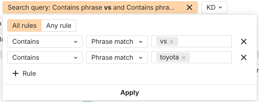 Ahrefs' Brand Radar filter combination set to queries that contain "vs" and "Toyota".
