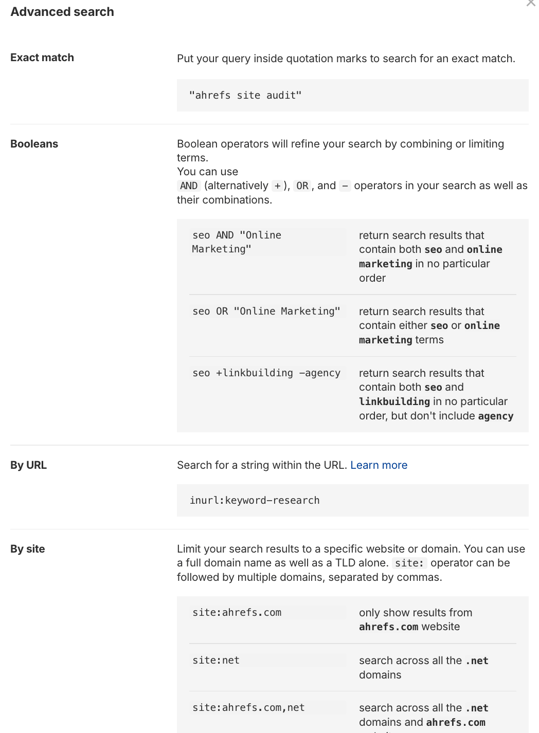Ahrefs' list of advanced search operators.
