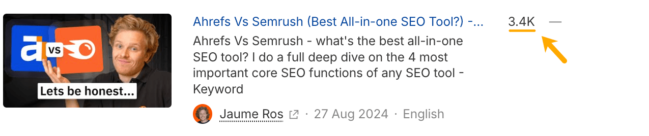 Ahrefs Brand Radar result showing Jaume Ros video 'Ahrefs Vs Semrush (Best All-in-one SEO Tool?)' with 3.4K views published August 27, 2024
