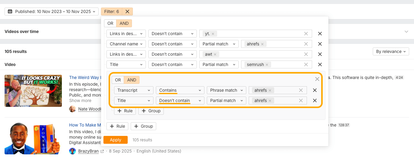 Ahrefs Brand Radar YouTube filter with nested rules to find videos where Ahrefs appears in transcript but not in title, showing 105 results for passing mentions
