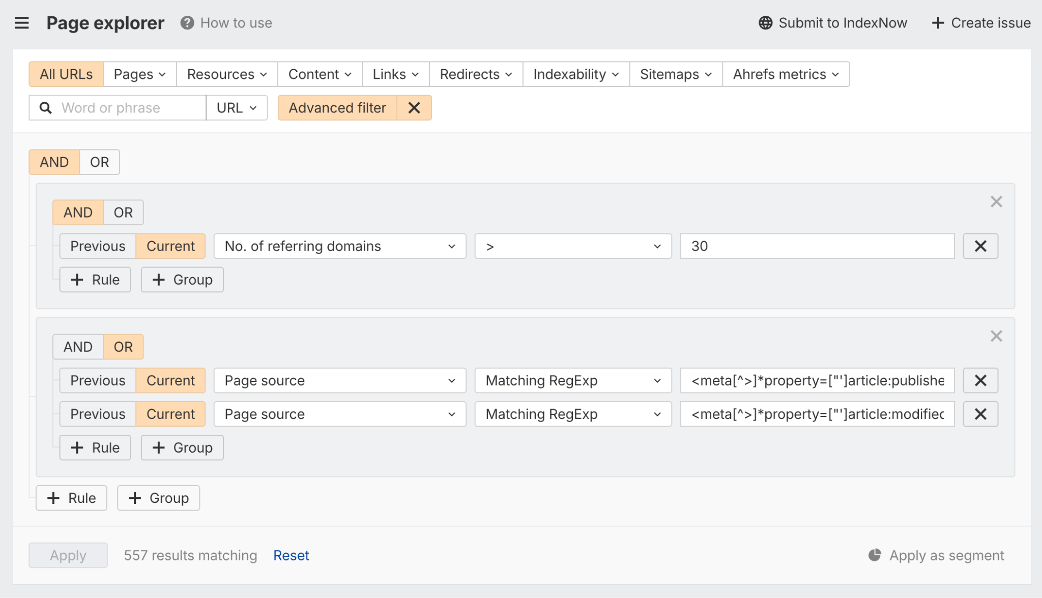 Screenshot of a "Page explorer" interface, showing search filters like URLs, referring domains, and source code regex.