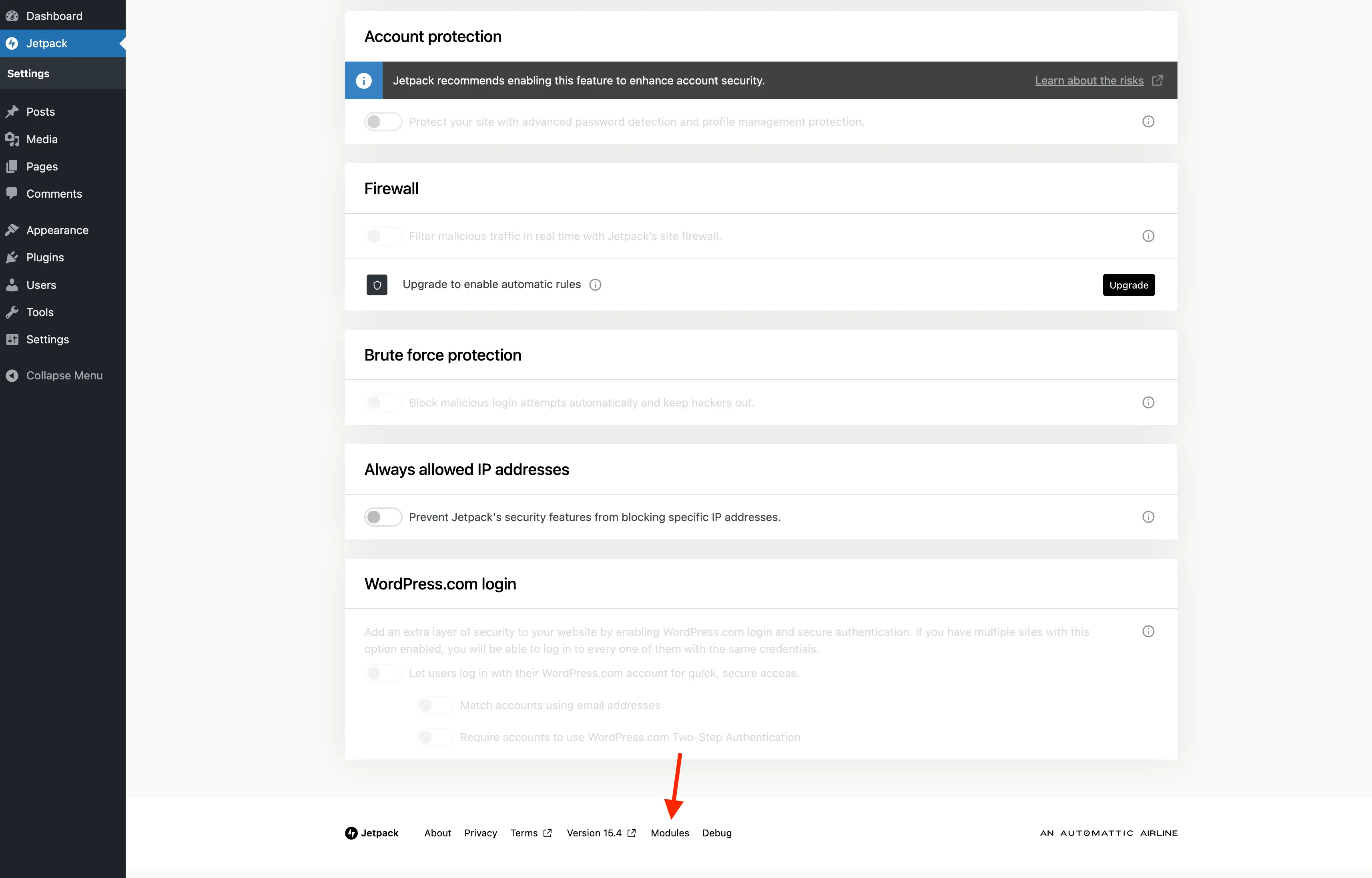 Jetpack admin dashboard modules link