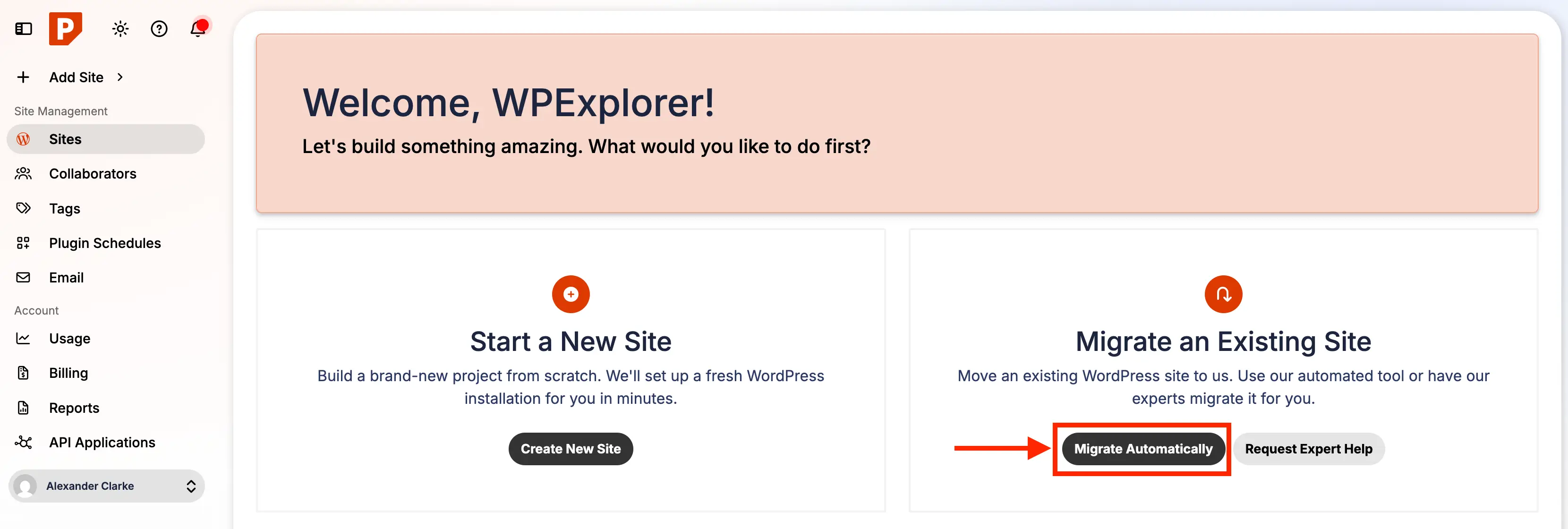Pressable dashboard migrate automatically button