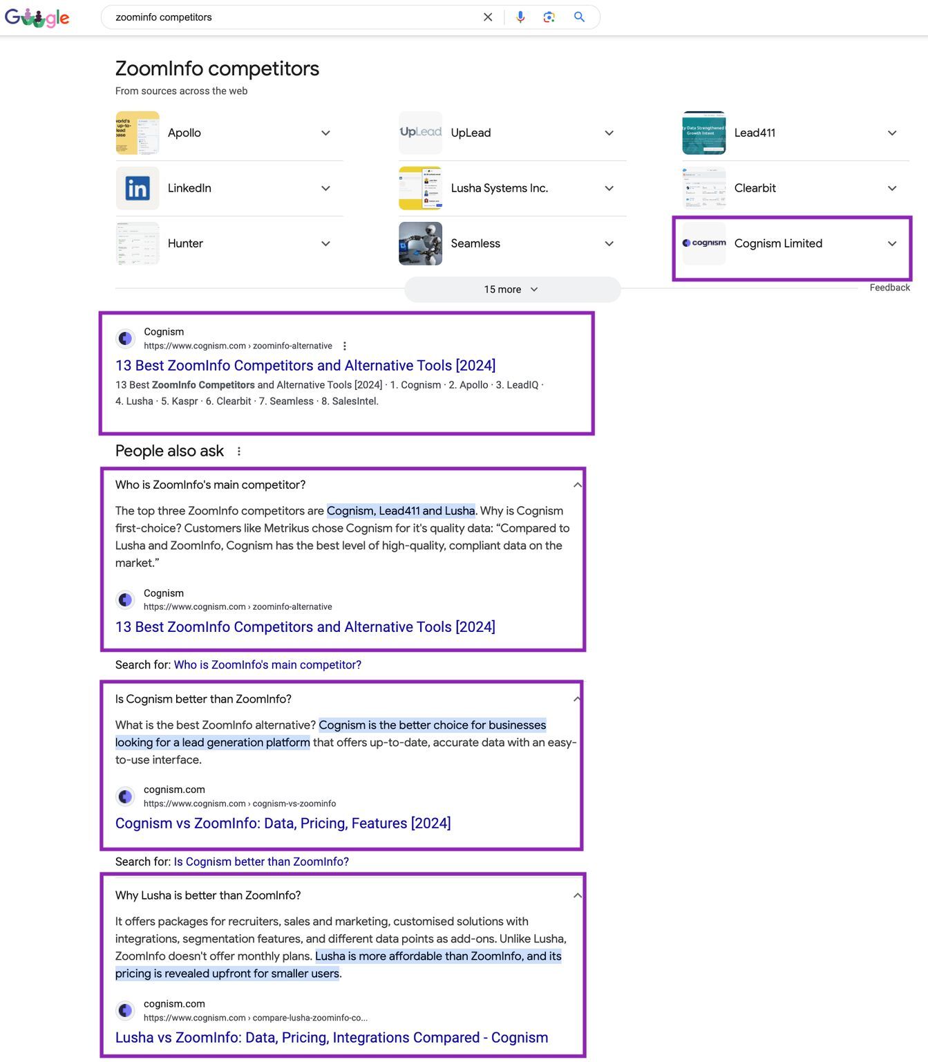 Google search results page showing ZoomInfo competitors including Apollo, LinkedIn, UpLead, Cognism, and others with expandable details.