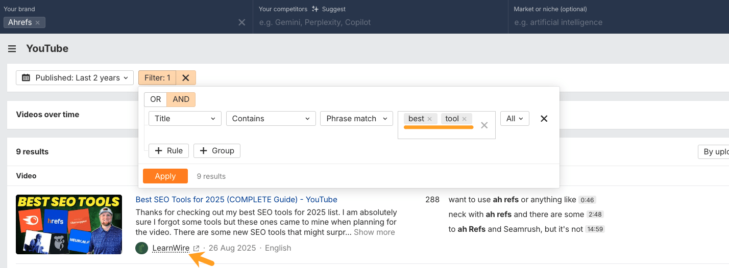 Ahrefs Brand Radar YouTube interface showing filter for "best tool" with 9 results, top result being "Best SEO Tools for 2025" by LearnWire
