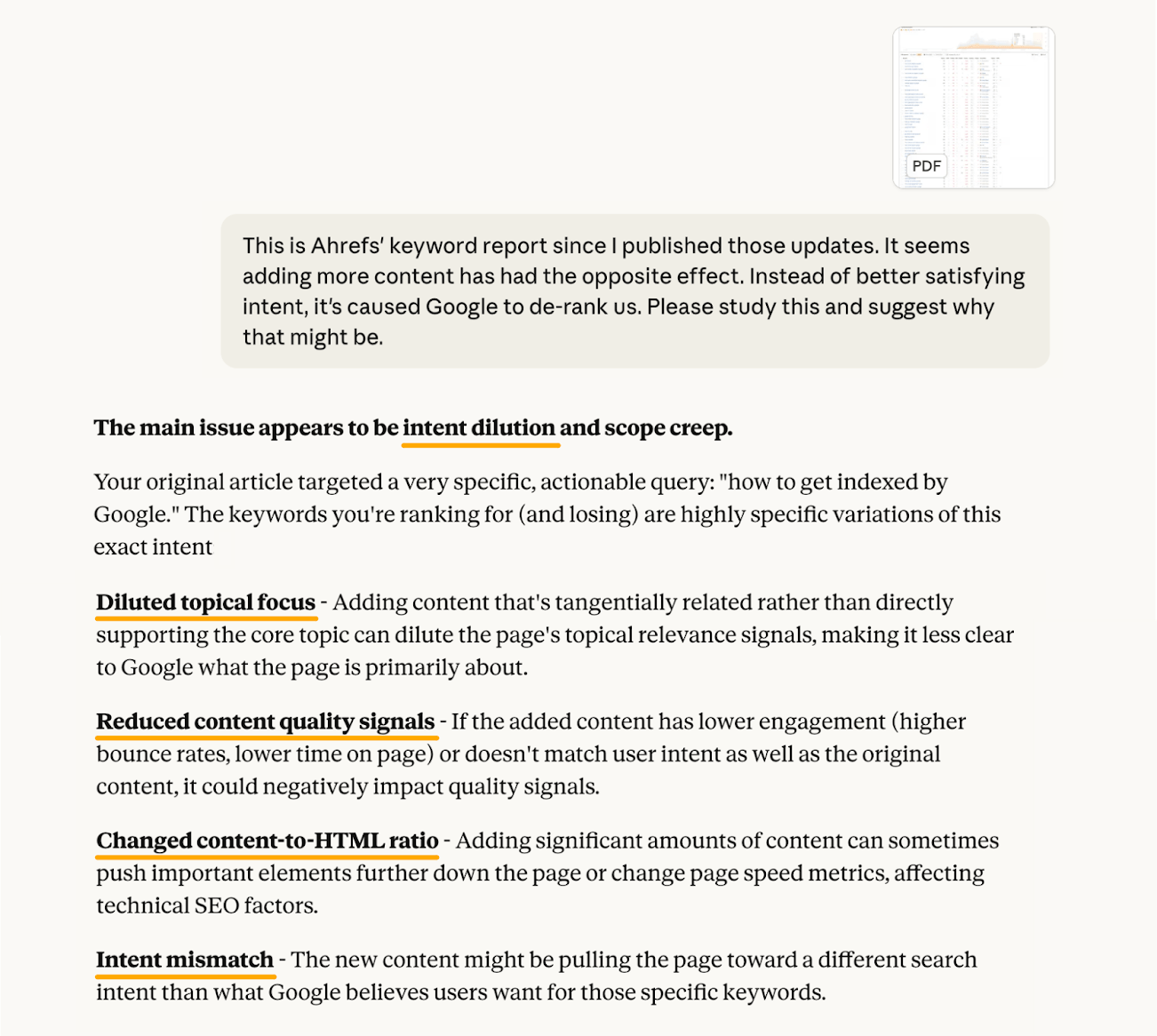 Claude SEO analysis explaining why adding content caused Google ranking drops due to intent dilution and scope creep issues