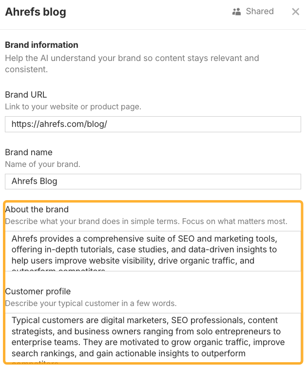 Editing your Brand Kit in Ahrefs' AI Content Helper.