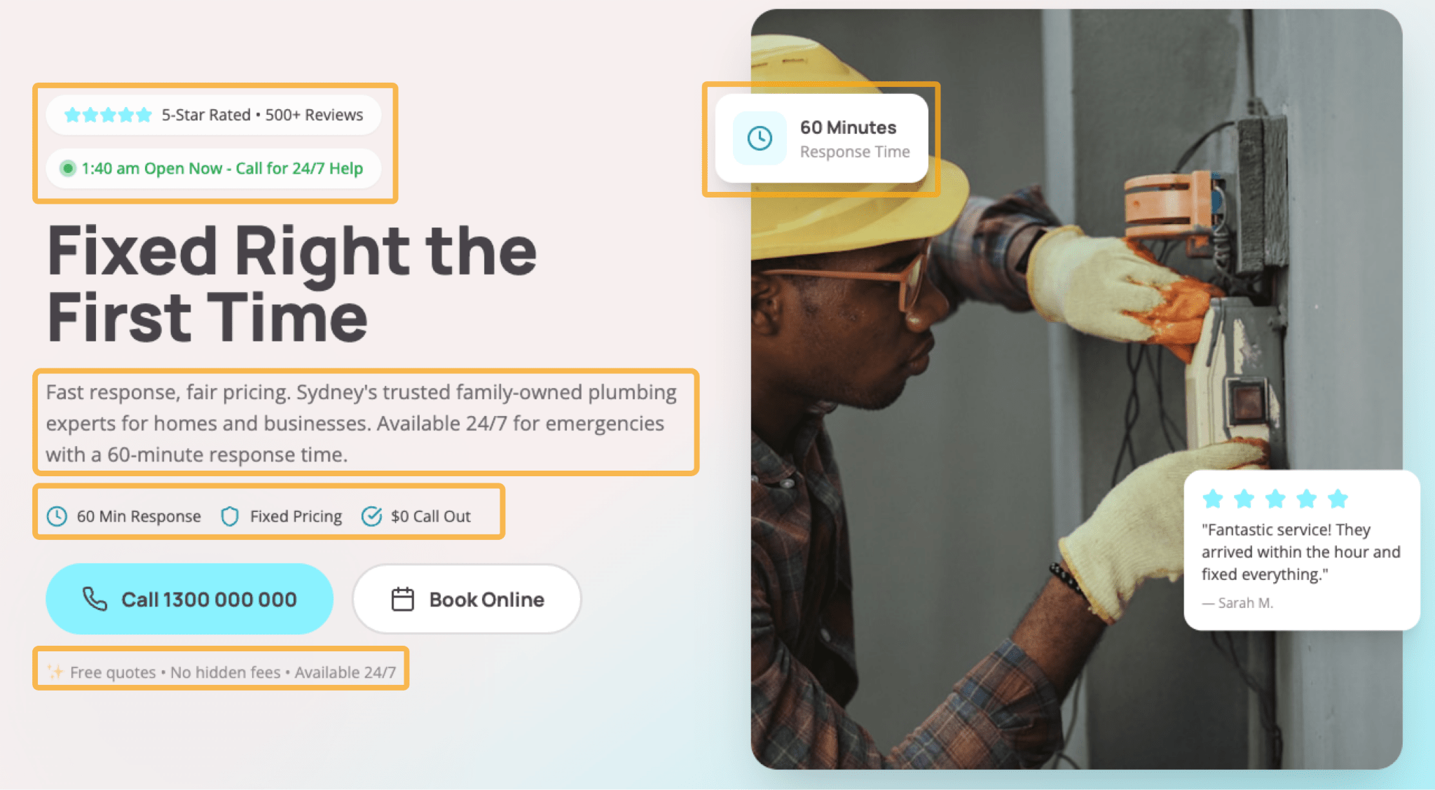 Unique selling propositions for a local plumbing business like "5-star rated from 500+ reviews", "60 minute response time" and "Free quotes, no hidden fees, available 24/7".