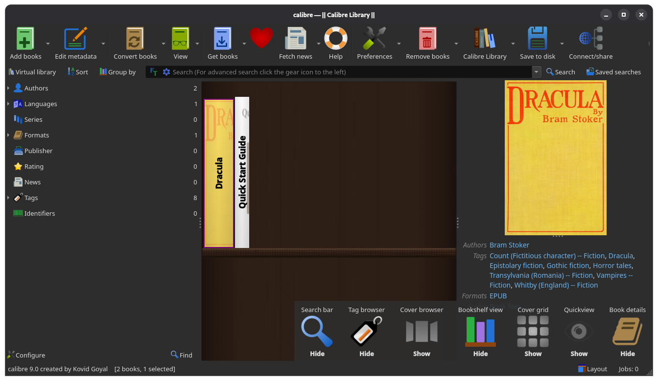 this screenshot shows calibre 9.0's new bookshelf view in action, there is a new option for it in the layout menu (bottom-right)