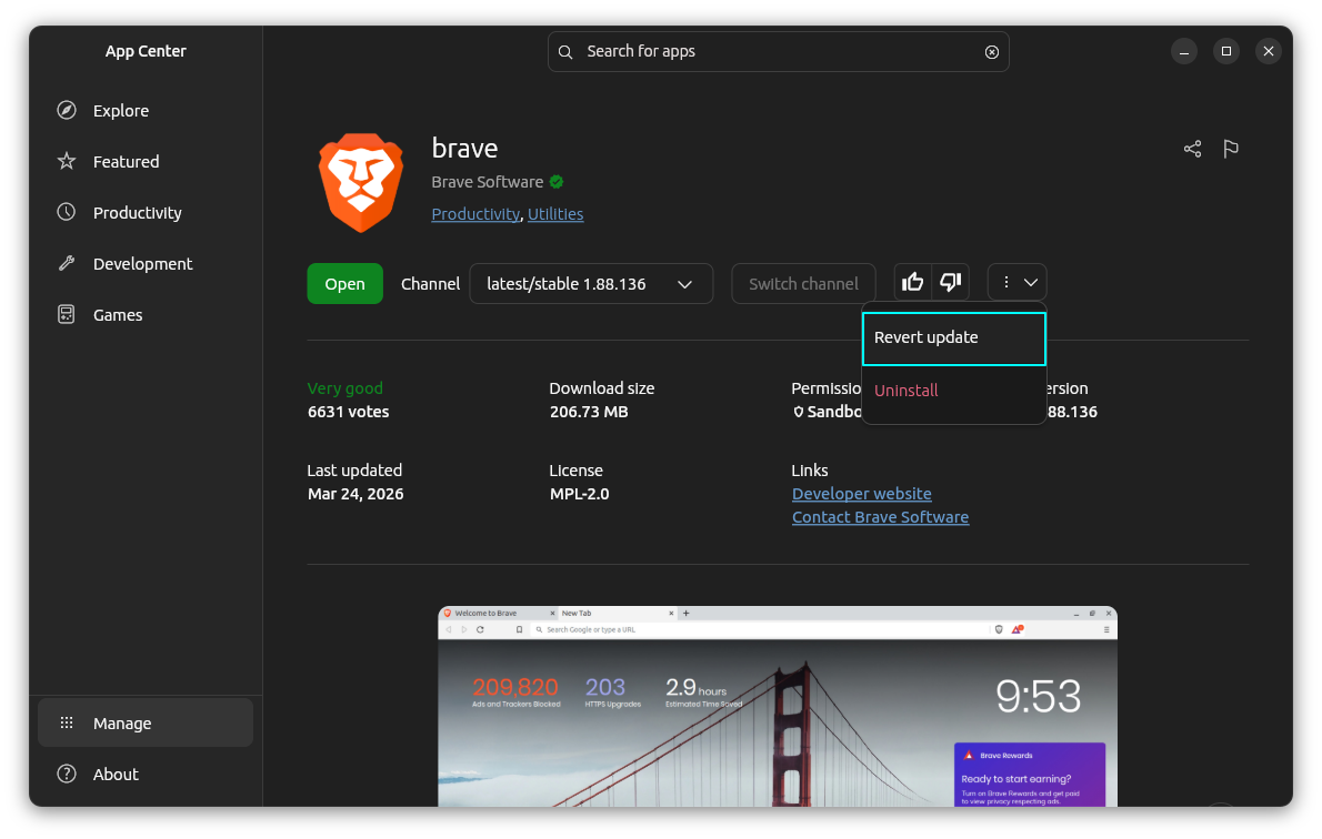 Revert update in Snap app page