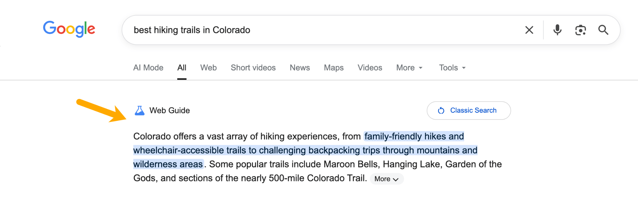 A screenshot of a Google search for "best hiking trails in Colorado" showing a snippet about diverse hiking experiences.