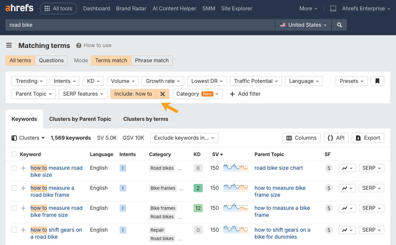 A screenshot of the Ahrefs keyword explorer tool, showing a search for "road bike" with an "Include: how to" filter applied. The results list 1,569 keywords, all starting with "how to," such as "how to measure road bike size."