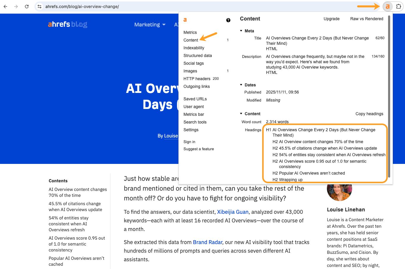 Screenshot of a webpage with an overlay showing content metrics. A section titled "Headings" is highlighted.