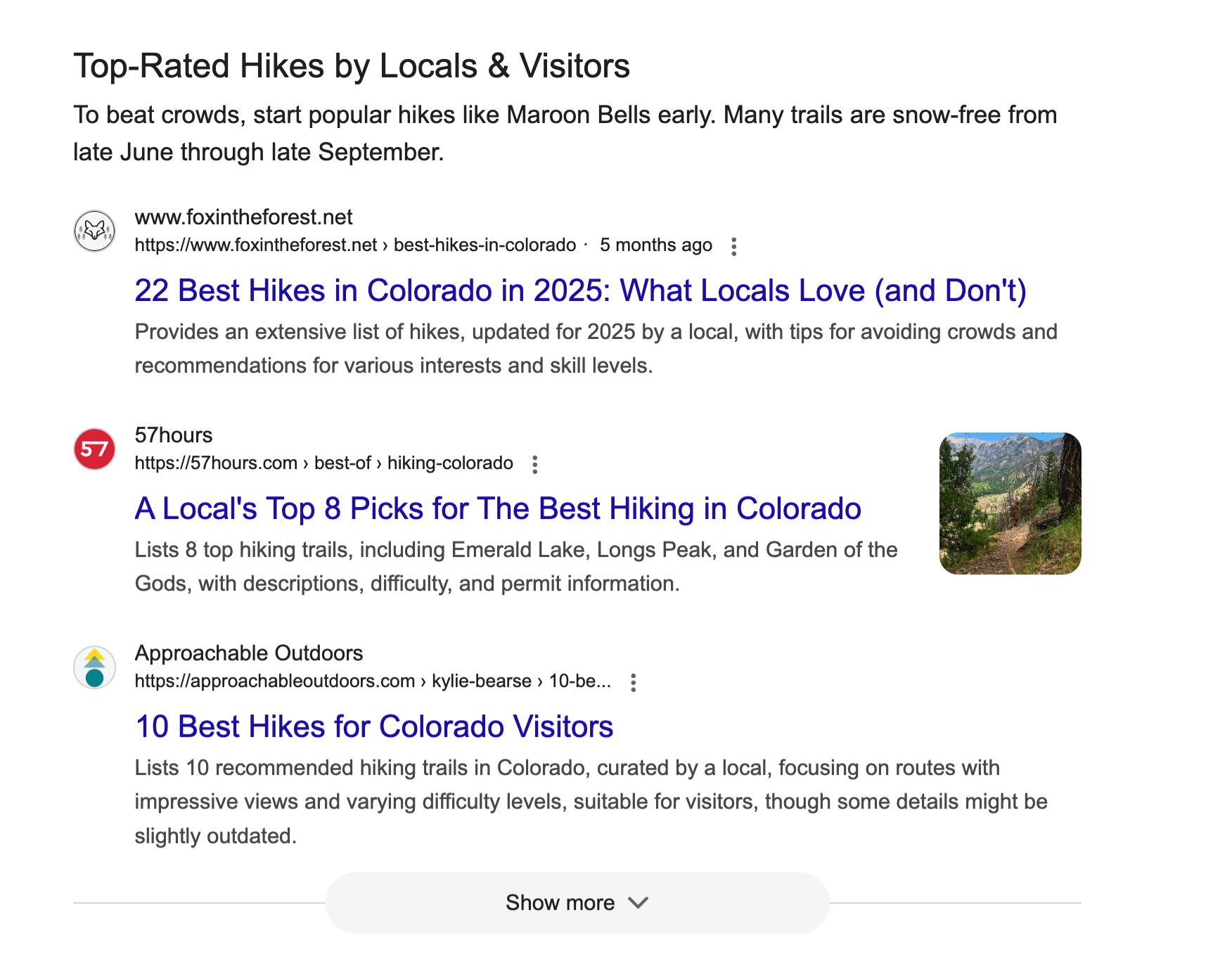 A Google search results page for top-rated Colorado hikes, showing three organic results and a "Show more" button.