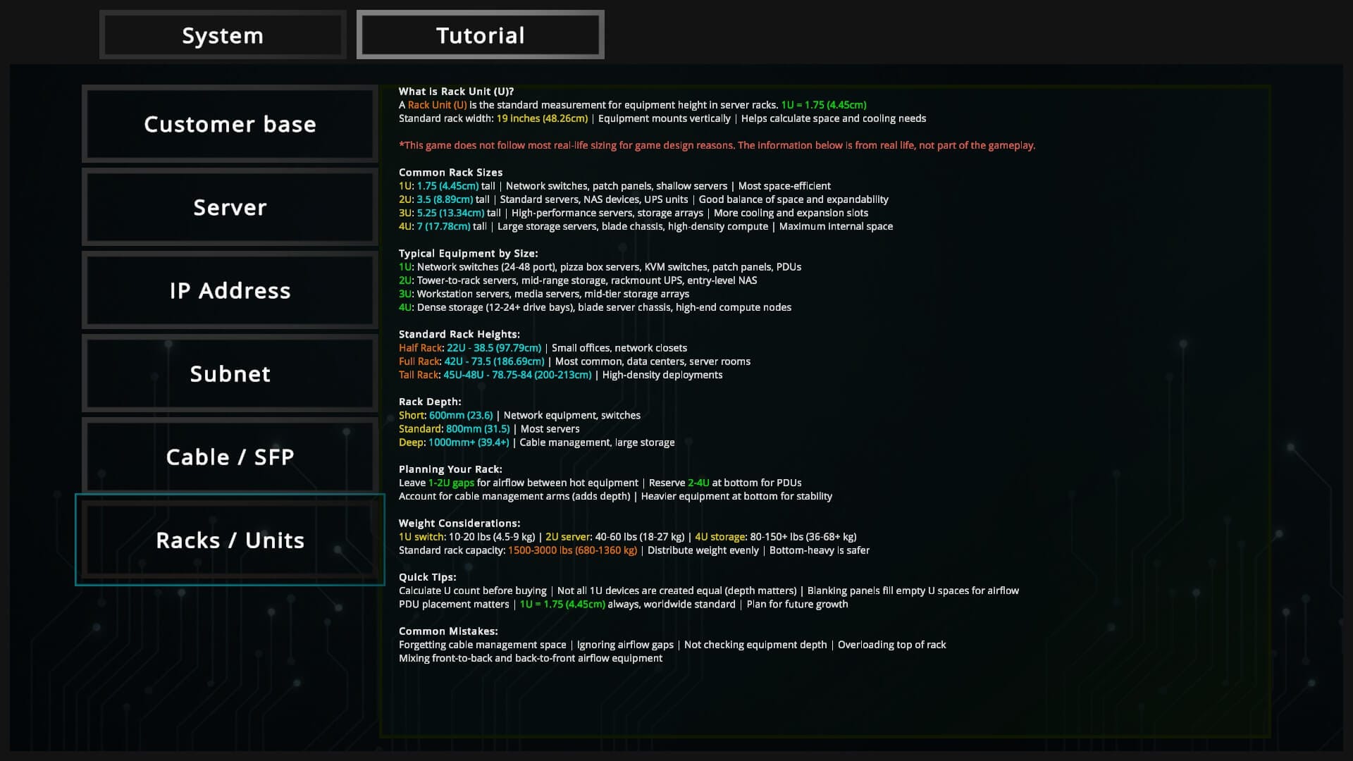 the tutorial menu for the data center game is shown in this screenshot, there is a lot of text on screen that explains racks/units