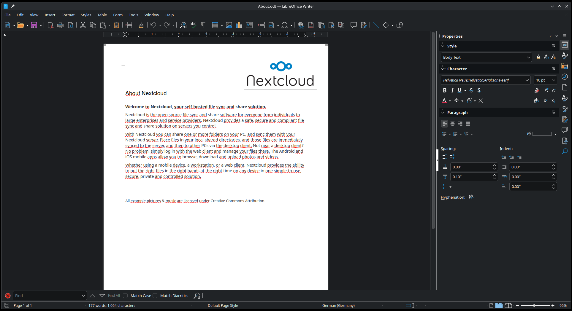 A screenshot of LibreOffice writer showcasing a document about Nextcloud