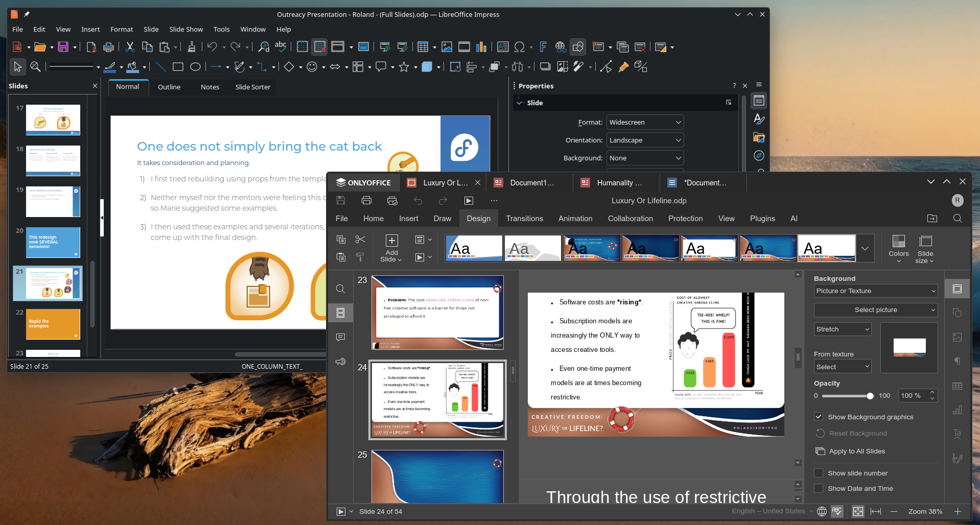 A screenshot of LibreOffice Impress and ONLYOFFICE Presentations running side by side. LibreOffice is showing a presentation for Fedora Badges design's Outreachy 2023 internship. ONLYOFFICE Presentations is showing a presentation from the Creative Freedom Summit in 2024.