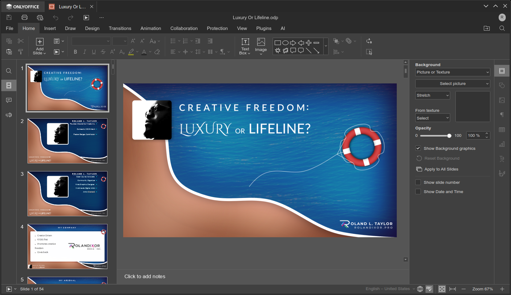 A screenshot of ONLYOFIFFCE Presentations showing a presentation called "Creative Freedom: Luxury or Lifeline"