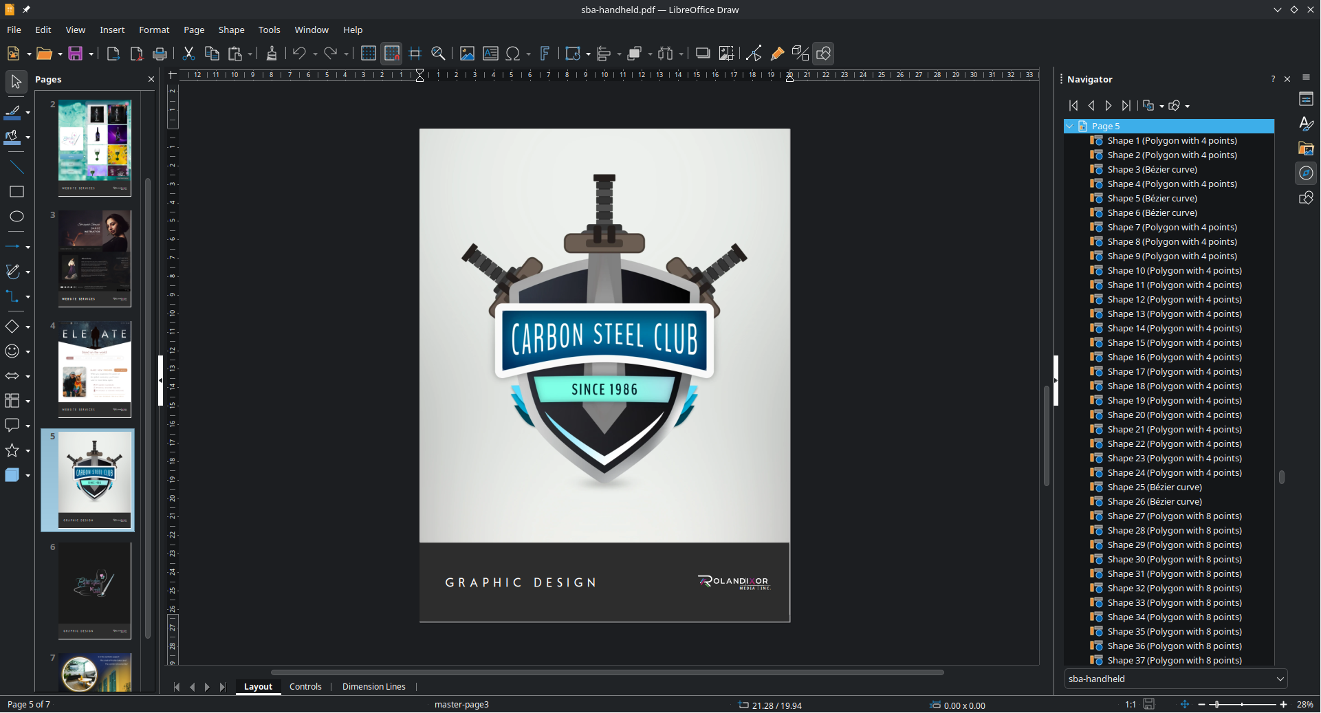 A screenshot of LibreOffice Draw showing a PDF file being edited