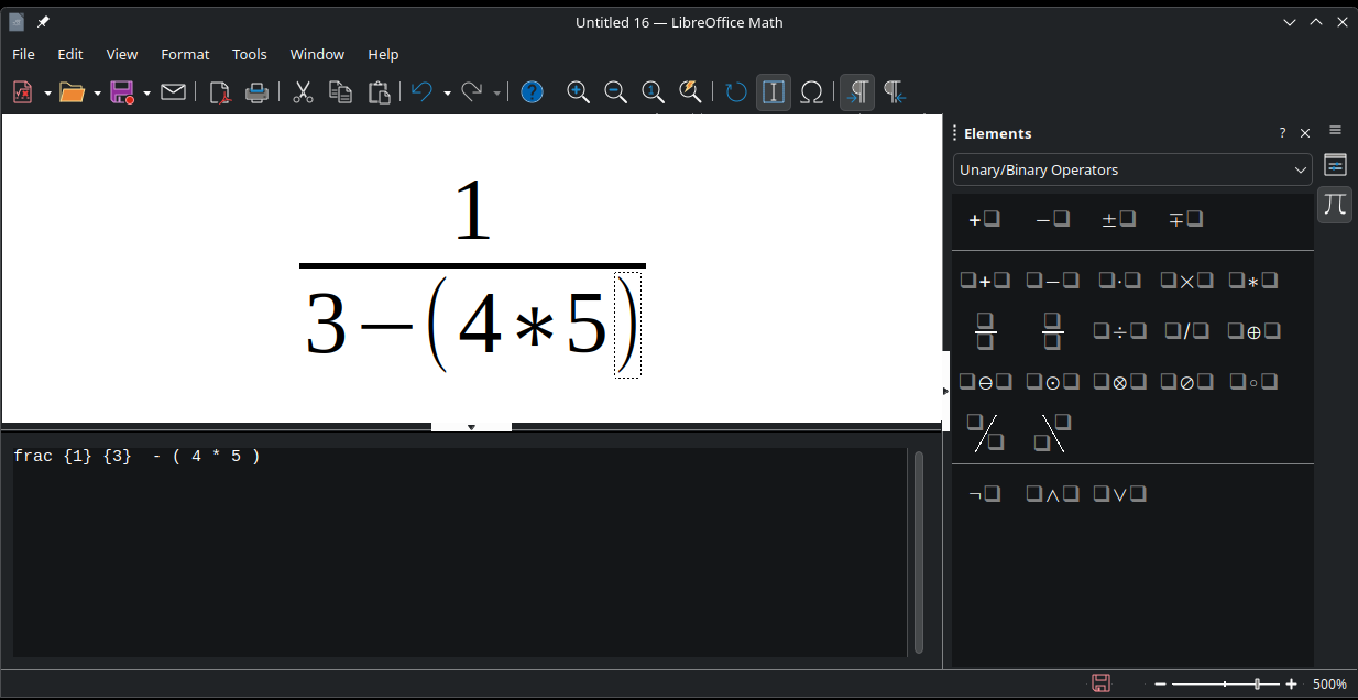A screenshot of LibreOffice Math showing a fraction consisting of 1 of 3 - (4*5)