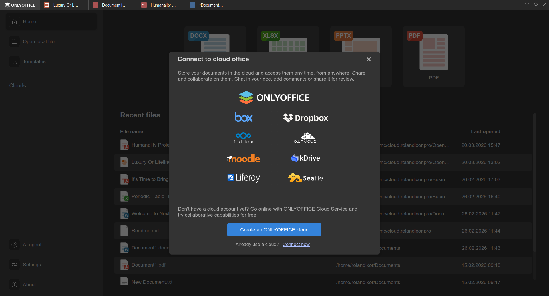 A screenshot of the cloud connection dialog in ONLYOFFICE, showing all the possible cloud providers you can connect to